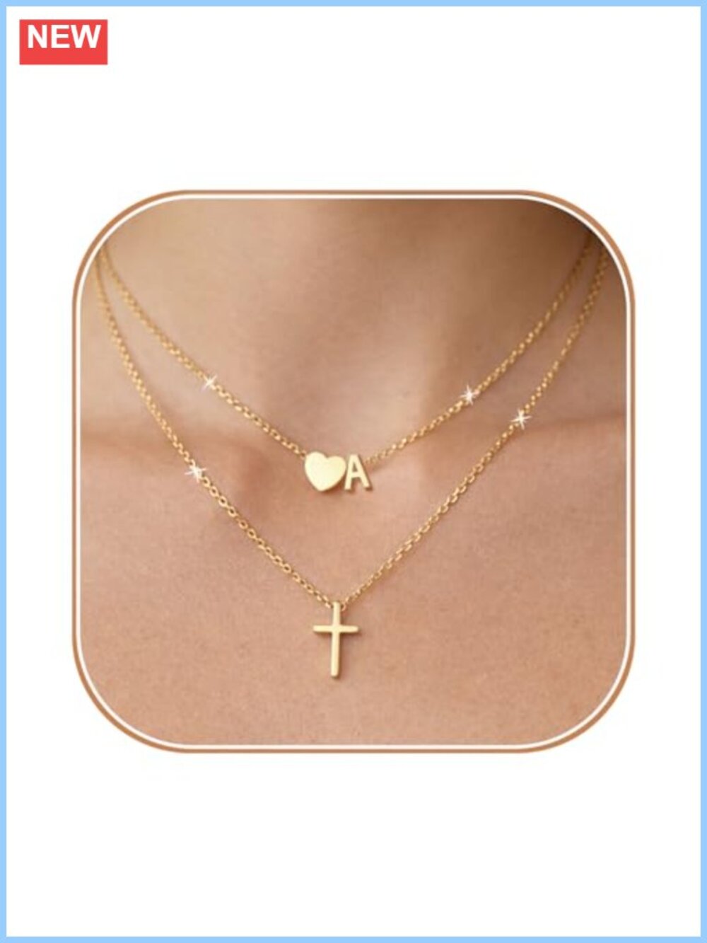 18K Gold Plated Stainless Steel Layered Cross Initial Necklace for Women Teens